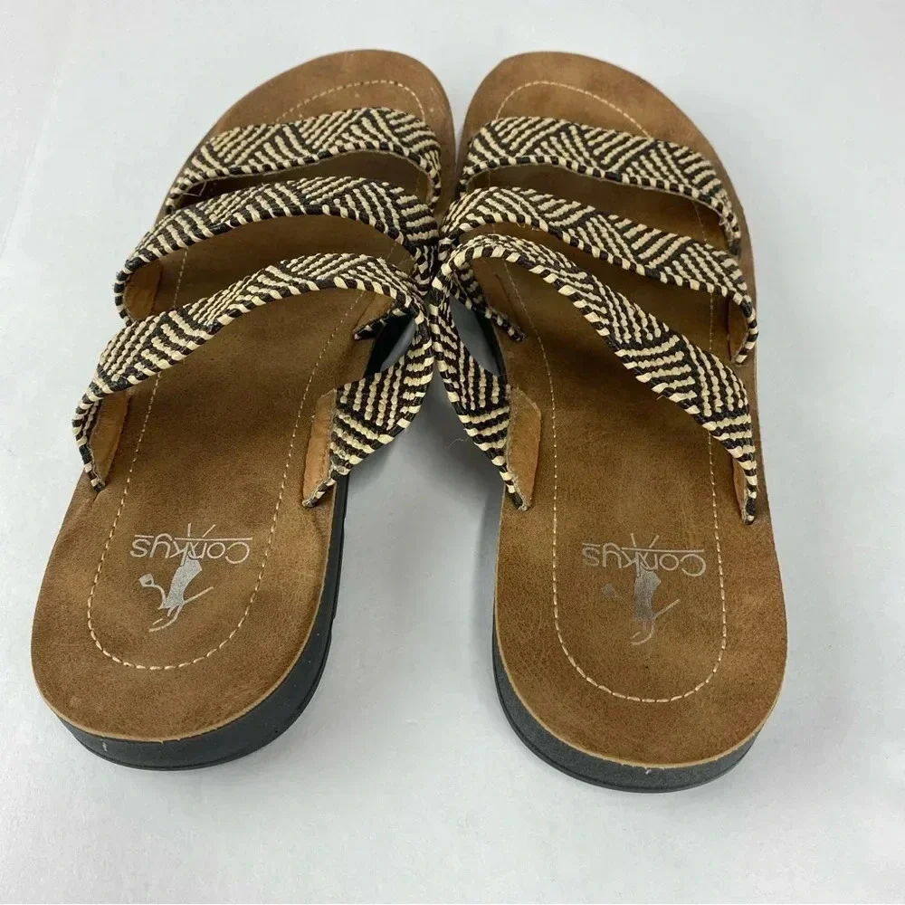Corkys Womens 10 Dafne 3 Strap Black and Beige Rattan Slide Sandals - Picture 2 of 5